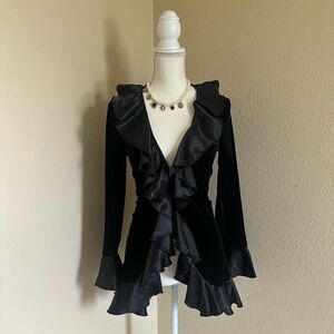 Black Ruffle Velvet Jacket Top Sz S Fairy Whimsigoth Victorian Romantic Blouse